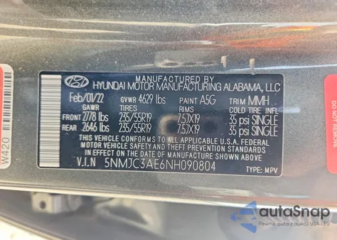 2022 Hyundai Tucson Sel z USA, uszkodzony, nr VIN 5NMJC3AE6NH090804